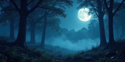 Mysterious forest under moonlight with silver mist and subtle gradient effects, mystical ambiance, ambient glow
