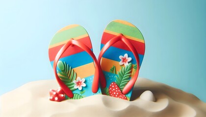 Pair of colorful flip-flops on sandy surface, isolated on light blue background, fun summer vibe.