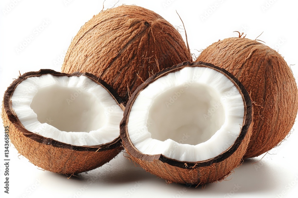 Poster Fresh coconuts on display with their shells intact and one half opened, showcasing the white flesh inside