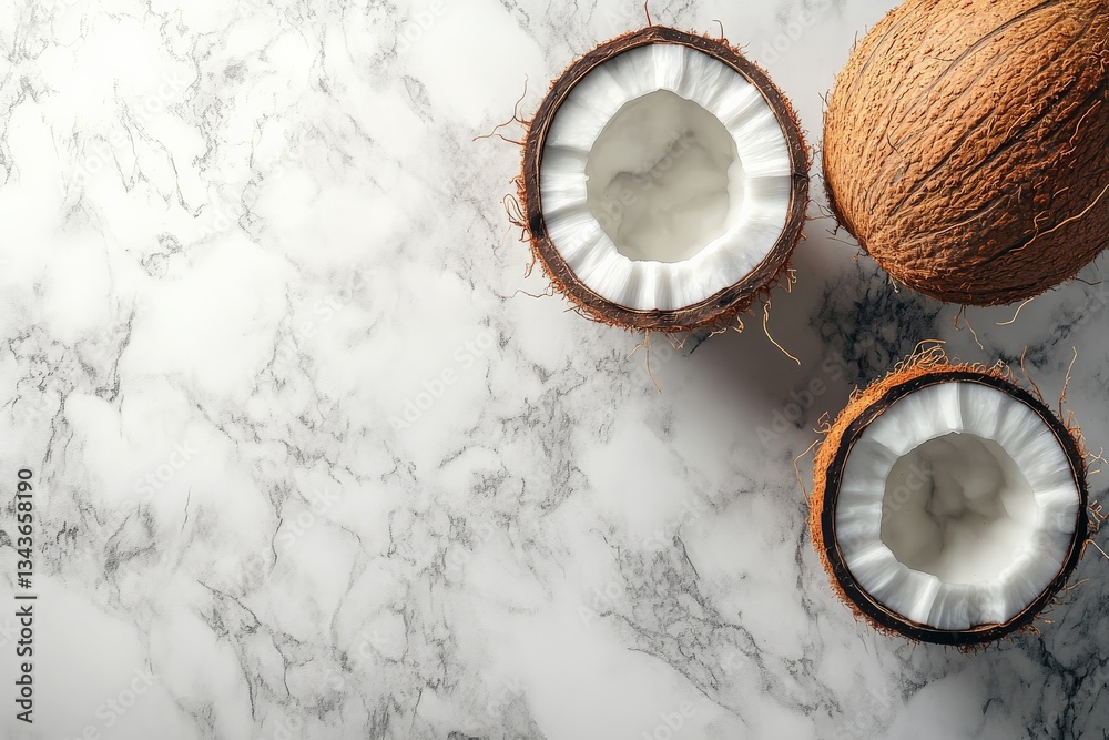 Poster freshly cut coconuts on a marble countertop ready for culinary use