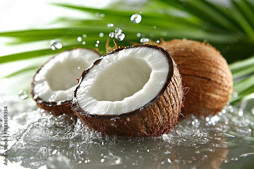 Poster Fresh coconuts split open with water droplets splashing against a tropical background of green leaves