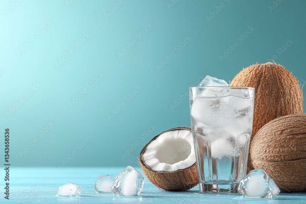 Poster refreshing coconut water served in a glass with ice next to whole coconuts on a blue background