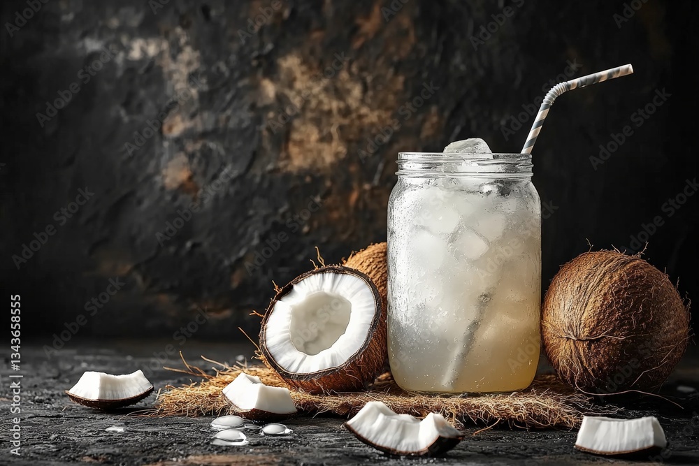Poster Refreshing coconut drink served in a mason jar with ice and decorative straw on a rustic table with fresh coconuts