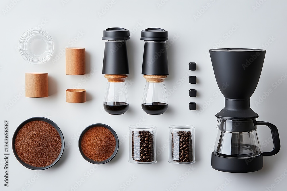 Poster high-quality coffee brewing setup with essential tools and fresh ingredients on a clean surface