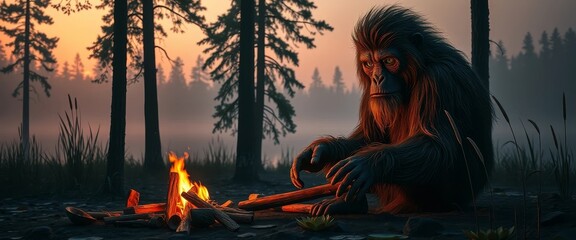 A majestic, hairy creature sits by a tranquil evening campfire, the warm glow illuminating its features in a serene forest setting