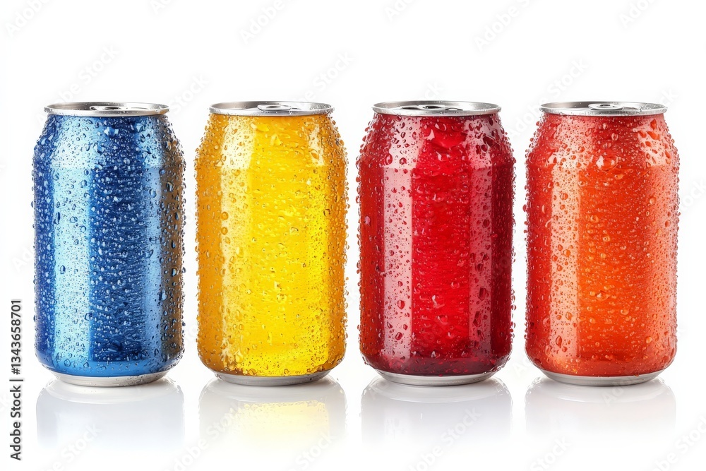 Poster colorful beverage cans with condensation arranged in a row, brightening up any gathering or event on