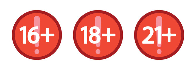 Age limit icons. Only Adult content after 16, 18, 21 plus years icon. Sensitive content, adults only. Signs in a flat style. EPS 10. Vector illustrations