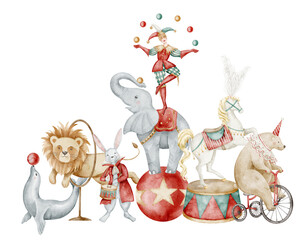 Watercolor illustration of Circus scene with Juggling Clown, a l © Alisles