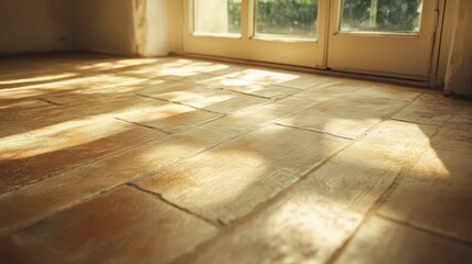 Sunlight Illuminating Beige Tiled Floor Through Window
