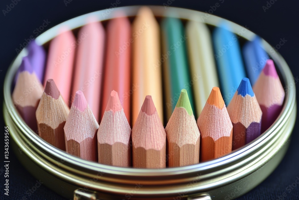 Poster Colored pencils arranged in a circular tin displaying a vibrant spectrum of hues for artistic expression
