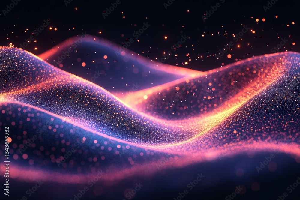Poster Colorful abstract waves with glowing particles create a mesmerizing visual landscape at nighttime