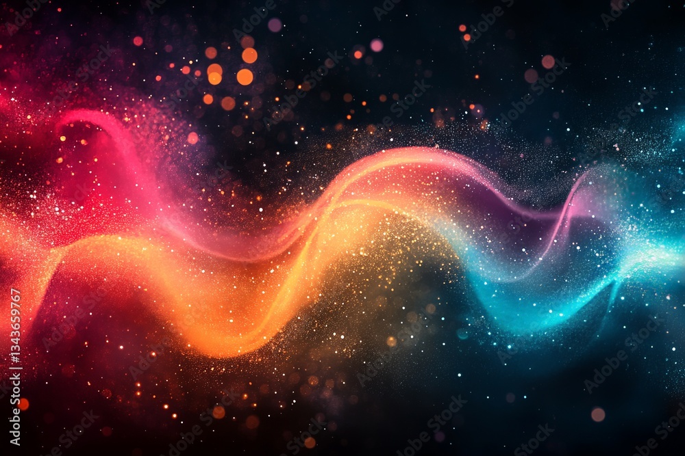 Poster Vibrant wave of colors flowing in a dark background during a creative light display event