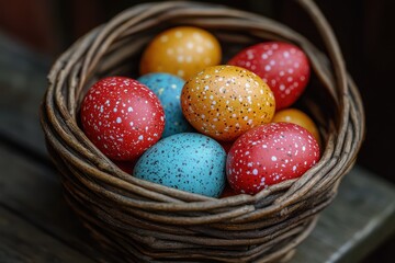 Easter table setting with colorful decorations, including a bowl of oranges and apples. Festive and vibrant holiday theme.