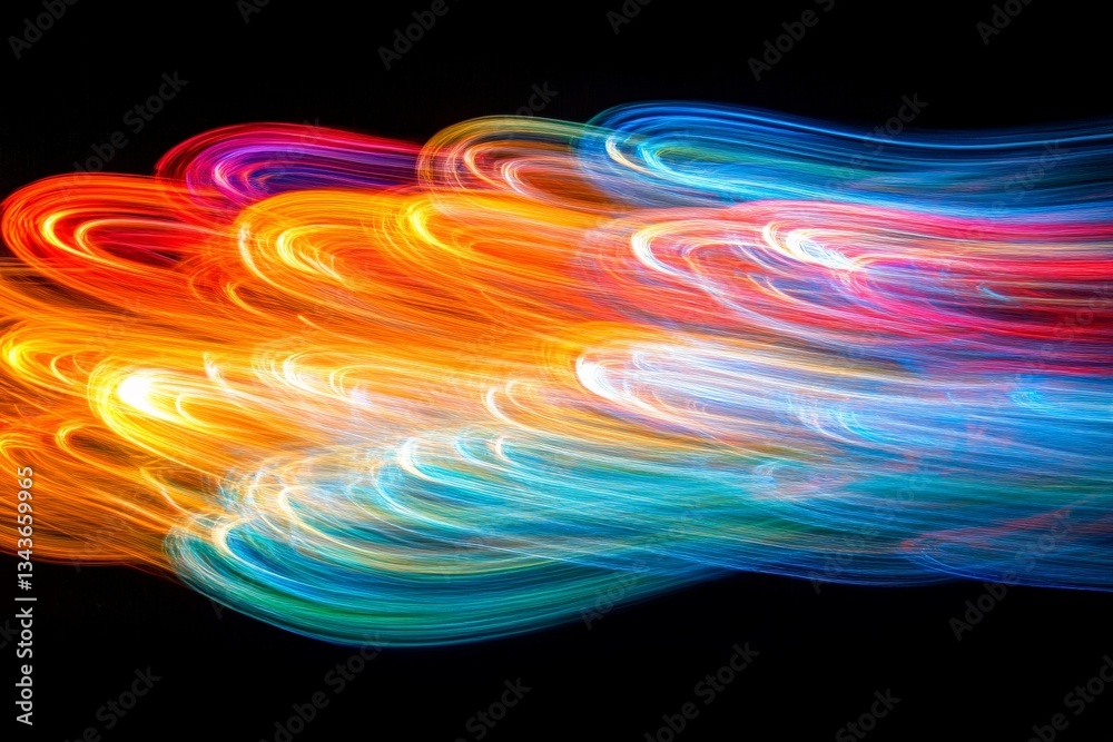Aufkleber Colorful light trails create dynamic patterns against a dark background during an art event in the evening