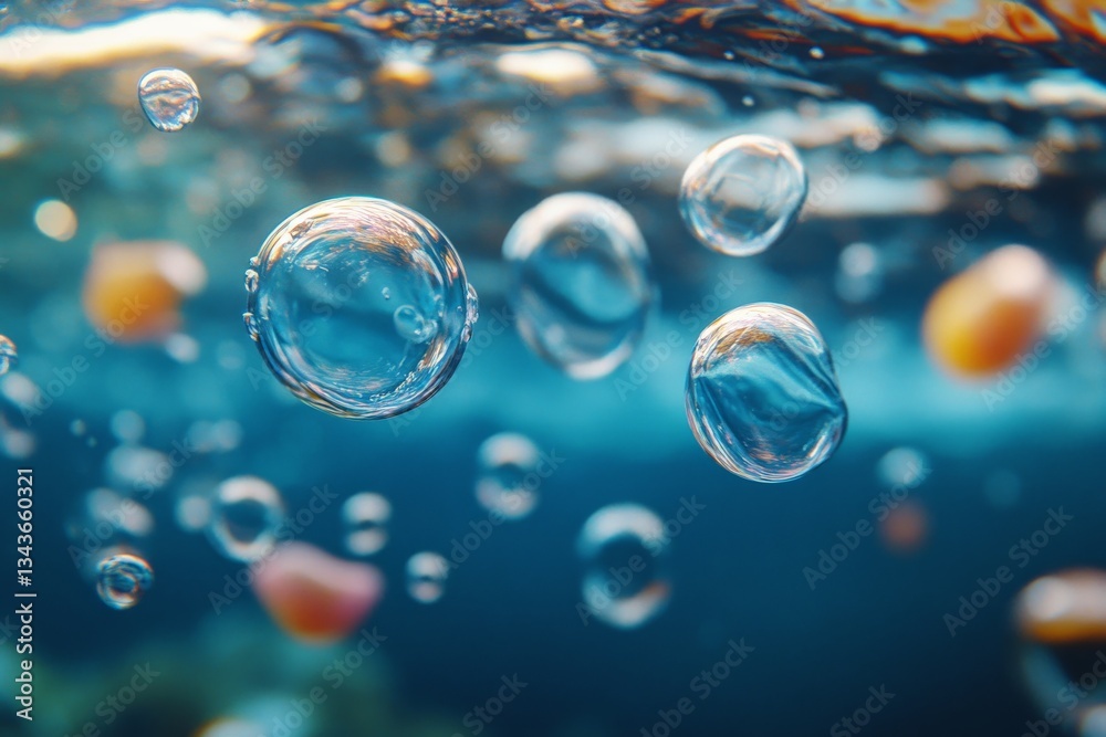 Aufkleber bubbles rise in clear water above colorful underwater objects during a sunny day in a vibrant aquati