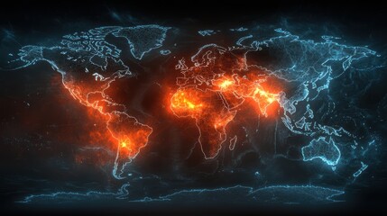 Global network, glowing map, digital world.