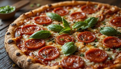 A mouthwatering pepperoni pizza, generously topped with melted cheese and fresh basil, creating a culinary masterpiece with warm lighting and a rustic wooden background.