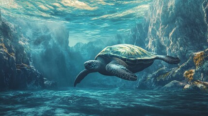 Majestic Giant Sea Turtle Swimming in Potemic Between Mountains