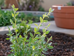 Close up of a plant with water droplets on the leaves in an outdoor garden setting view