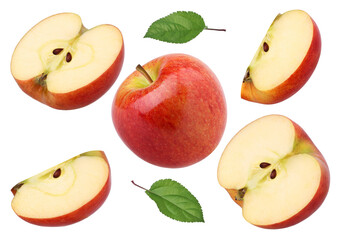 red apple (Envy Apple), half, slice and leaves isolated, fresh red apple, transparent PNG, PNG format