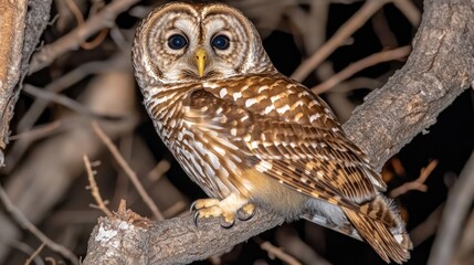 Obraz premium A close-up of a brown and white owl perched on a branch at night.