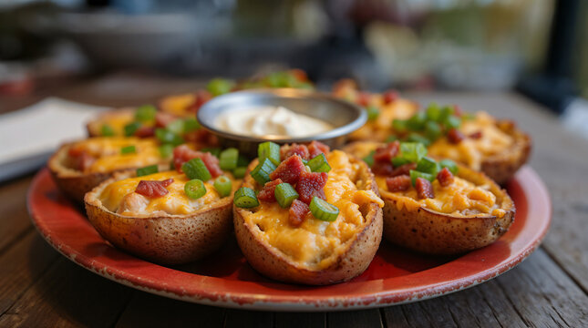 Papas rellenas con queso cheddar, tocino y ceboll&iacute;n
