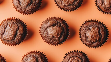 Delicious chocolate muffins arranged neatly against a warm orange background. AI Generated