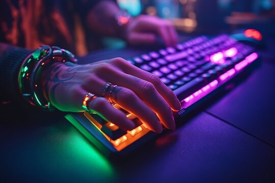 Gaming keyboard illuminated by vibrant lights showcases hands of an enthusiastic player during an intense gaming session in a dim room