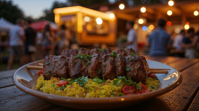 Brochetas de carne a la parrilla con arroz amarillo en festival gastron&oacute;mico nocturno