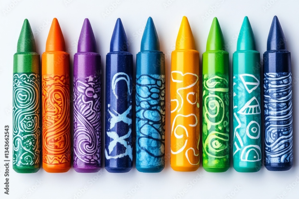 Poster colorful crayons arranged in a row showcasing unique designs on each crayon, perfect for creative pr