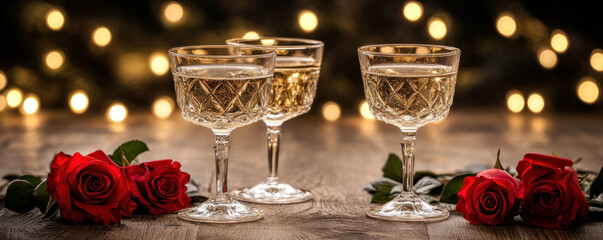 Three wine glasses with red roses in the background. The wine glasses are filled with wine and are placed on a wooden table. The roses are arranged in a way that they complement the wine glasses