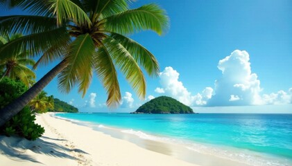 Palm trees sway gently in ocean breeze on sandy beach with island in distance, nature, beach