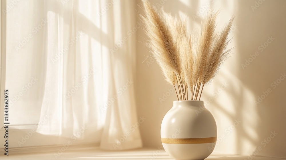 Poster soft sunlight streams through sheer curtains, illuminating a simple vase filled with dried grass. th