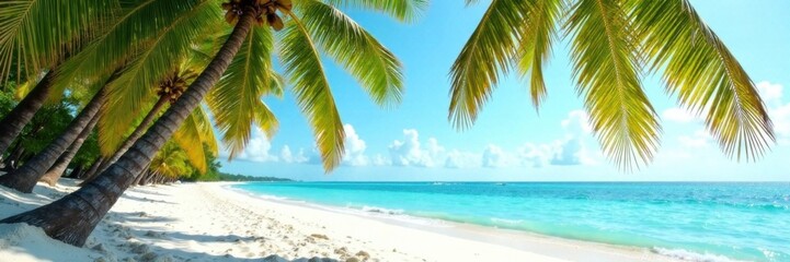 Palm trees sway gently in warm ocean breeze, with sandy beach and turquoise water in the background , palm trees, beach