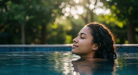 Fototapeta premium Serene Moment in the Pool: A woman of color closes her eyes, enjoying the tranquility of the swimming pool. Experience inner peace. Embracing the peace.