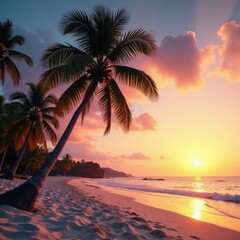 Palm trees sway gently on sandy beach at sunset, warm weather, natural beauty, serene atmosphere