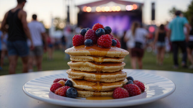 Torre de panqueques con frutos rojos y miel en festival al aire libre