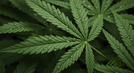 Cannabis Leaf with Dew Drops: A close-up image of fresh, vibrant cannabis leaves, glistening with dewdrops, highlighting the intricate texture and natural beauty.