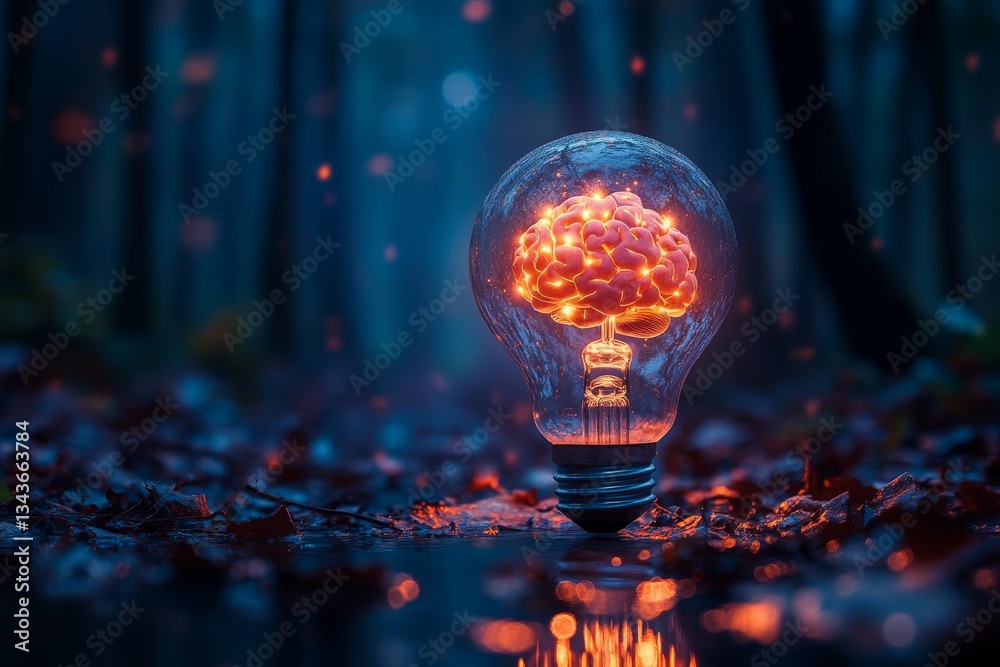 Fototapete illuminated brain inside a light bulb in a mystical forest setting at dusk