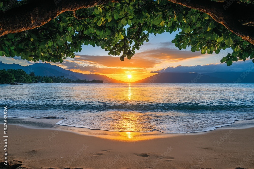 Aufkleber sunset over the ocean with waves lapping on a sandy beach framed by lush trees in a tropical paradis