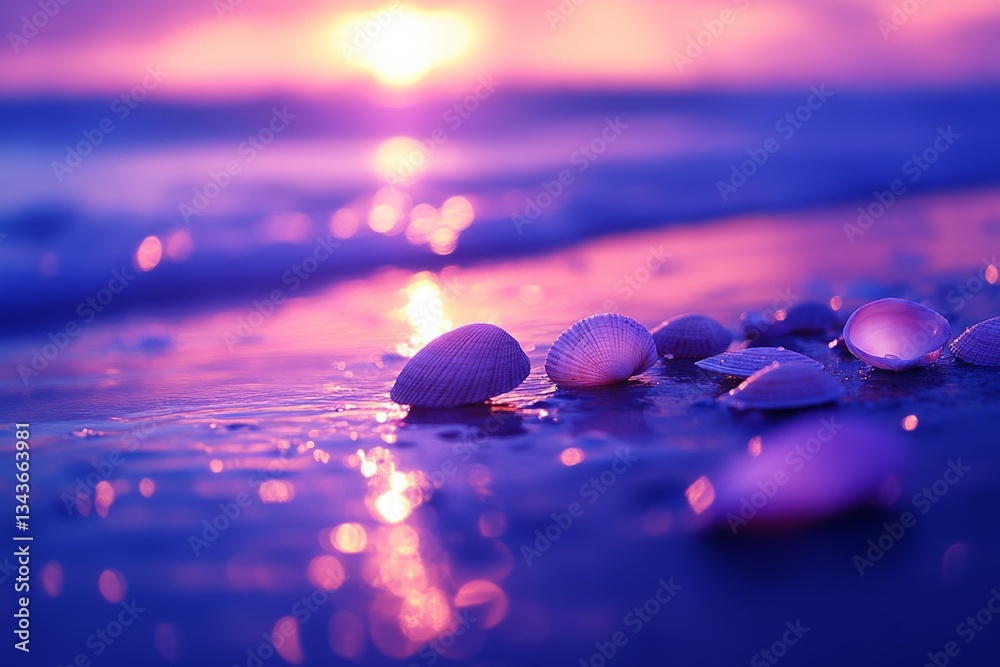 Poster vibrant seashells on a wet beach at sunset under a colorful sky and gentle waves