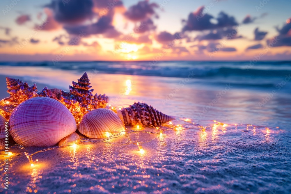 Poster beautiful seashells with twinkling lights on the beach at sunset, creating a serene and magical atmo