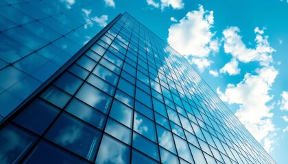 Fototapeta premium Modern skyscraper, clouds reflected in glass facade, low angle view, sky, reflection