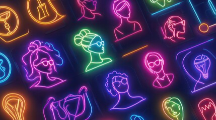 Colorful neon light illustrations of women's faces and objects.