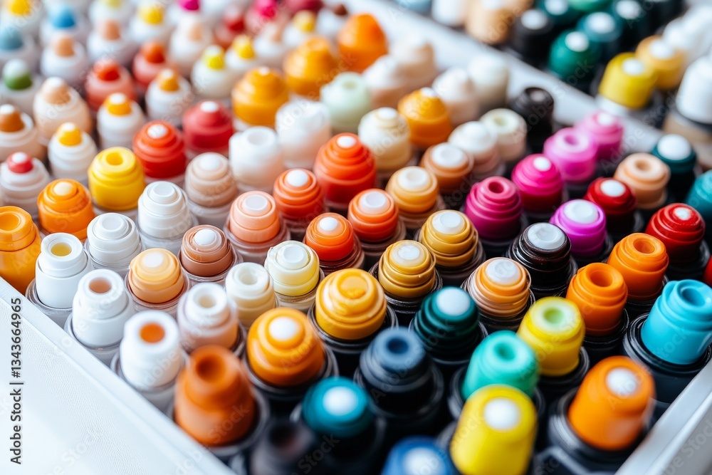 Poster colorful assortment of art markers organized in a display for creative projects