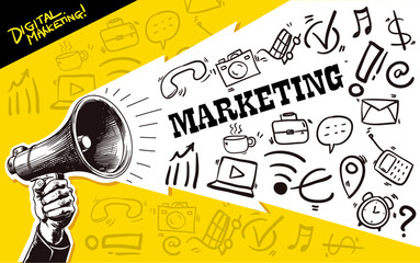 Hand drawn megaphone holding hand announcement design elements digital marketing background