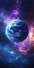 Obraz premium Earth in vibrant cosmic nebula with stunning purple and blue space background