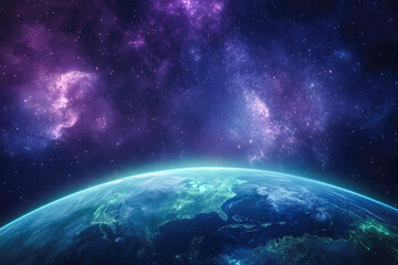 Stunning cosmic scenery: glowing earth against vibrant galaxy backdrop