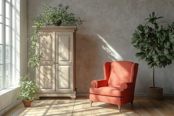 an armchair and cabinet in a living room.