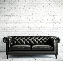 Black leather sofa against a white brick wall background, black and white photography. 